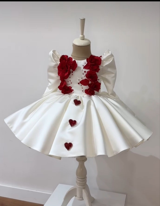 Girls Puffy White Dress with Red Sequin , Flowers and Hearts"